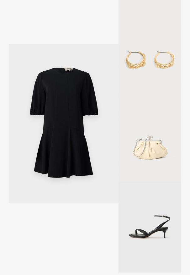 Zwart jurk met een ronde halslijn, korte puffmouwen en een uitlopende rok. Gemaakt van een soepel materiaal met naaddetails.; Zwarte leren dames sandaal met dunne bandjes, een teengreep, een enkelgesp en een stilettohak van gemiddelde hoogte op een neutrale achtergrond.; Geplooide beige leren clutch met een zilveren metalen frame, voorzien van twee ronde decoratieve sluitingen en een zilveren kettingriem.; Set gouden creolen met sierlijke bloem- en bladreliëf op een neutrale achtergrond.