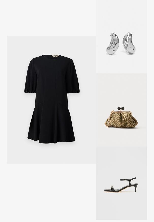 Schwarzes Kleid mit rundem Halsausschnitt, kurzen Puffärmeln und ausgestelltem Rock. Hergestellt aus einem glatten Stoff mit Nahtdetails.; Schwarze Leder-Sandale mit Absatz und Knöchelriemen, offenem Zehenbereich, quadratischer Vorderseite und silbernen Metallakzenten. Eng anliegendes Design mit schlanker Silhouette.; Kleine Clutch mit goldenem und schwarzem geometrischem Muster, goldfarbenem Metallrahmen, schwarzem Kugelverschluss und kurzem goldfarbenem Kettenriemen.; Silberne Creolen mit einer gebogenen, glänzenden Oberfläche und einem nahtlosen Design. Verfügt über einen Scharnierverschluss für sicheren Halt.