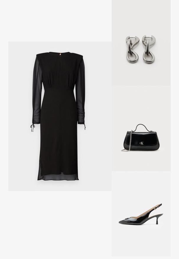 Must must платье, millede õlgadega, läbipaistvate pikkade varrukatega, vööst kinnitatud ning selja nupuga sulgemisega koos sihvakese avausega.; Mustast lakknahast slingback-kontsaga king, terava ninaga, väikese kitten-kontsa ja hõbedase pandlaga rihmaga, ühevärvilise valge taustaga.; Must nagu nahast käekott ahela rihmaga, struktureeritud kuju ja hõbedane logosildiga. Sile tekstuur ning klapiga sulgemine.; Hõbedatoonides metallist kõrvarõngad abstraktse üksteisega põimunud aasade disainiga valgel taustal.
