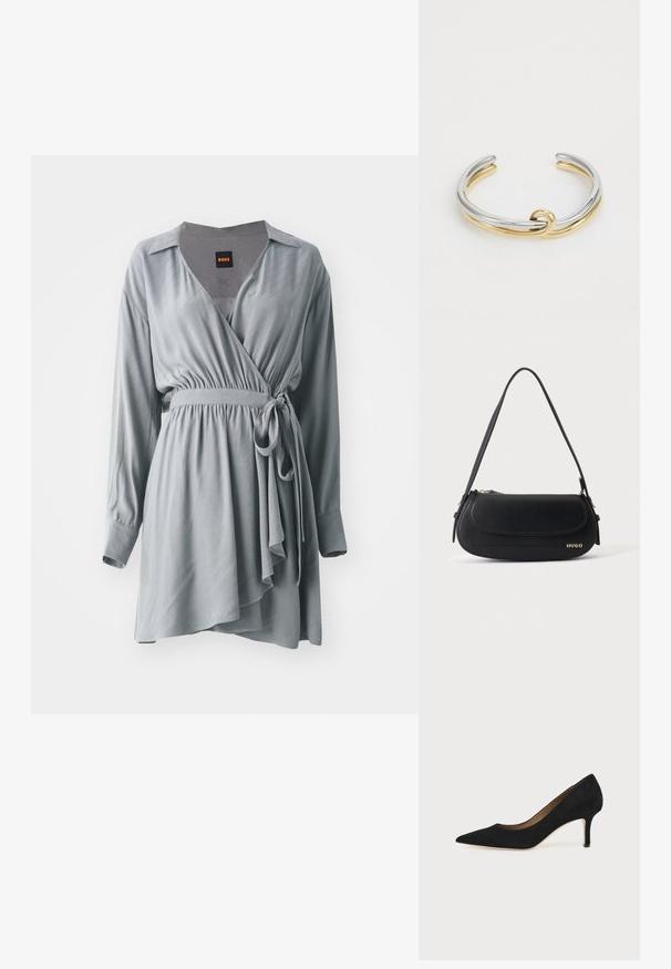 Robe portefeuille grise en tissu doux, dotée de manches longues, d'une taille cintrée et d'un ourlet asymétrique fluide. Comprend un col et une ceinture à nouer.; Escarpin en daim noir à bout pointu avec un talon stiletto fin de hauteur moyenne et un design à coupe basse sur un fond uni.; Sac à épaule en cuir noir avec rabat incurvé, logo doré "HUGO" sur le devant, et une bandoulière réglable.; Bracelet en métal avec des bandes entrelacées en argent et en or, finition lisse et polie. Détail de nœud notable au centre.