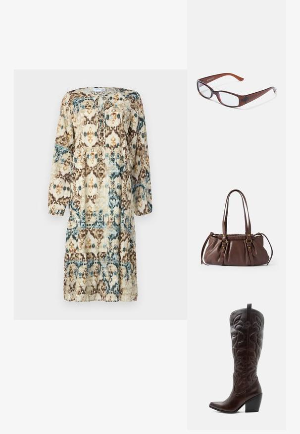 Robe à manches longues imprimée dans des tons naturels, présentant un motif abstrait de bleu, marron et orange. Encolure ronde avec un détail à nouer.; Botte de cowboy haute en cuir marron foncé avec motifs décoratifs cousus, bout pointu et talon bloc empilé.; Lunettes rectangulaires teintées de brun avec une finition brillante, dotées de branches fines et de verres transparents. Logo visible sur la branche gauche.; Sac à main en cuir brun avec deux longues poignées, design froncé, accents en métal doré et finition texturée.
