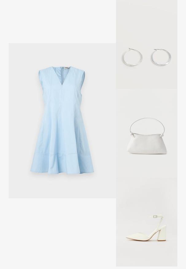 Vestido sin mangas de color azul claro con escote en V, silueta acampanada y detalles cosidos alrededor del dobladillo y el corpiño, hecho de un tejido suave.; Sandalia blanca de tacón con puntera afilada, correa ajustable en el tobillo y un tacón cuadrado grueso. Textura lisa con detalles de costura mínimos.; Bolso de mano de cuero blanco tejido con asa redondeada y extremos de la correa anudados, exhibido sobre un fondo liso.; Pendientes de aro de metal plateado con superficie lisa y ligeramente curvada y cierre de tipo mosquetón sobre un fondo blanco liso.