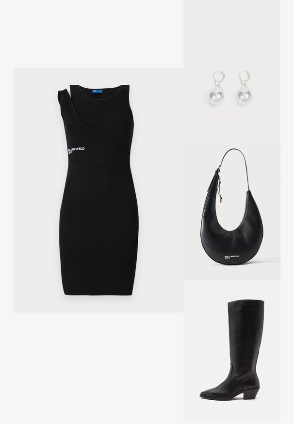 Must mustriga must dress, mis on valmistatud soonik kangast. Omab ühte õlga katvat disaini koos asümmeetrilise kaelusega ja valge "Karl Lagerfeld" logo.; Must nahktõmmiku keskmise säärega saabas, millel on terav nina ja madal kaldu konts heledal ühevärvilisel taustal.; Mustast nahast poolkuukujuline õlakott õhukese rihma ja hõbedase luku ning esiküljel hõbedase "KARL LAGERFELD JEANS" logoga.; Hõbedased langenud kõrvarõngad, millel on siledad, ümmargused, peegeldavad pinnad, mis ripuvad klamberkinnituselt. Taust on lihtne valge.