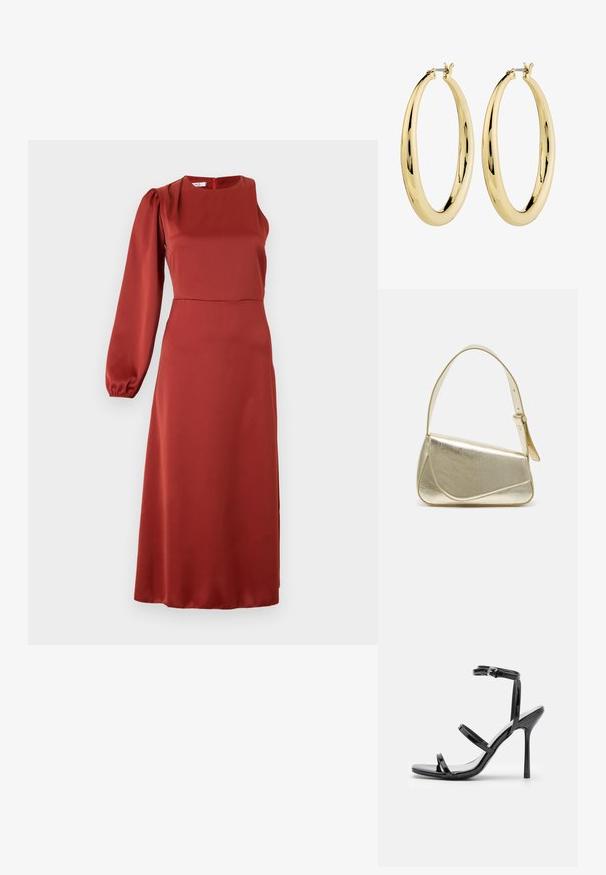 Vestido midi rojo fluido hecho de una tela suave, con un diseño de una manga abullonada, escote cuadrado y un cierre oculto en la parte trasera.; Sandalias de tacón alto de charol negro con tres tiras horizontales y una correa en el tobillo ajustable. Silueta elegante y acabado brillante.; Bolso de mano metálico dorado con un diseño estructurado, textura suave y correa ajustable. Presenta una forma triangular única y un cosido minimalista.; Pendientes de aro de oro con un acabado suave y pulido. Forma circular, con un cierre seguro en la parte superior. La superficie refleja la luz.