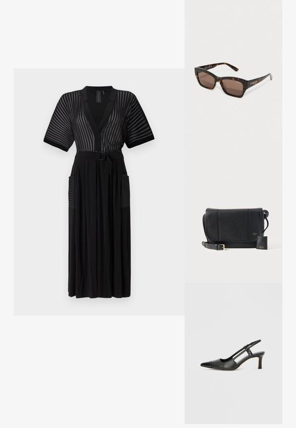 Sort maxi kjole med korte ærmer, lodrette striber, v-hals, bælte i taljen og sidelommer. Fremstillet af et let stoff.; Sort læder slingback-sko med spids tå, der har en blank accent på tåhætten og en mellemhøj hæl. Åben sidesektion.; Skildpaddemønstrede solbriller med kantede stel, brune linser og guld "vogue" branding på armene. Tekstur mønster på stellet.; Sort struktureret læder crossbody-taske med justerbar rem, klaplukning og lille tilhæftet pung med guld "Lancel Paris"-logo.