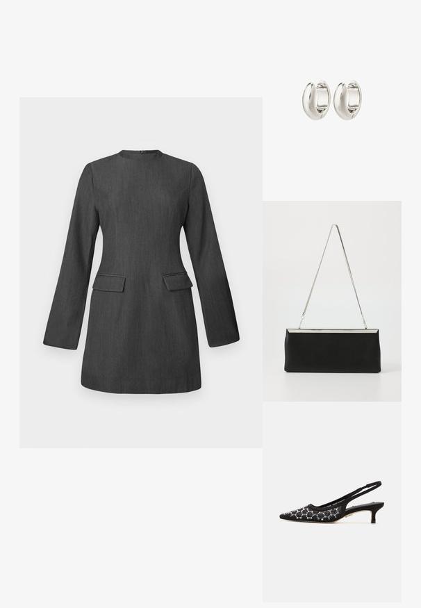 Graues, tailliertes Kleid mit langen Ärmeln, Rundhalsausschnitt und zwei vorderen Taschen. Hergestellt aus strukturiertem Stoff und zeichnet sich durch ein elegantes, strukturiertes Design aus.; Schwarze Slingback-Pumpe mit spitzem Zehenbereich, verziert mit klaren Pailletten in einem wirbelnden Muster und einem niedrigen Kitten-Heel. Weiches Material und strukturierte Oberfläche.; Schwarze Leder-Clutch mit einem silbernen Metallkette-Griff und einer eleganten rechteckigen Form. Mattes Finish und minimalistisches Design mit einem metallischen Akzent.; Silberne Creolen mit glattem, geschwungenem Design und poliertem Finish. Verfügen über eine sichere Verschlussfunktion und eine solide, kräftige Form.