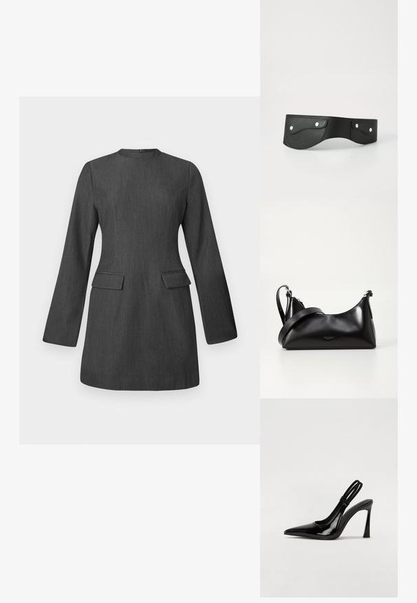 Vestido gris a medida con mangas largas, escote redondo y dos bolsillos frontales. Hecho de una tela texturada, presenta un diseño elegante y estructurado.; Zapato de tacón con tirante en negro de charol, punta afilada, tacón alto y delgado, y doble tira elástica para un ajuste seguro. Superficie suave y brillante.; Bolso de mano de cuero negro con una textura suave. Cuenta con una correa ajustable y un diseño elegante y minimalista con cierre de cremallera.; Cinturón de cuero negro con dos bolsillos redondeados, asegurados con botones a presión plateados. Textura suave, diseño ligeramente curvado.