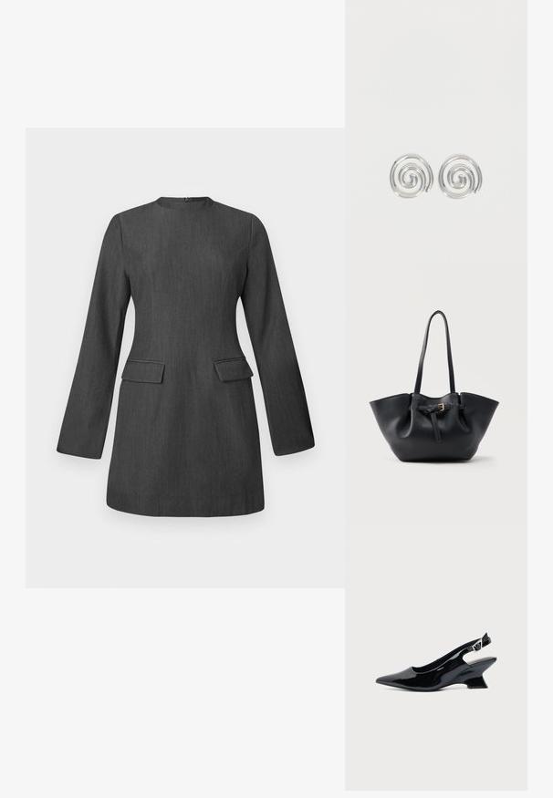 Graues, tailliertes Kleid mit langen Ärmeln, Rundhalsausschnitt und zwei vorderen Taschen. Hergestellt aus strukturiertem Stoff und zeichnet sich durch ein elegantes, strukturiertes Design aus.; Schwarzer Slingback-Schuh aus Lackleder mit spitzer Spitze und niedrigem, schrägem Blockabsatz auf einfachem hellem Hintergrund.; Schwarze Ledertasche mit langen Griffen und einem vorderen Riemen mit kleiner goldener Schnalle, vor einfarbigem Hintergrund.; Paar silberne Spiral-Creolen mit glattem, rundem Design auf einfachem weißem Hintergrund.