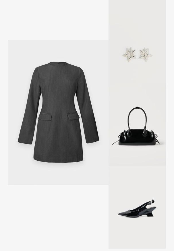 Vestido gris a medida con mangas largas, escote redondo y dos bolsillos frontales. Hecho de una tela texturada, presenta un diseño elegante y estructurado.; Zapato slingback de cuero charol negro con puntera puntiaguda y tacón bajo en bloque inclinado sobre fondo claro liso.; Pequeño bolso negro brillante con dos asas largas y detalles de cordón lateral sobre un fondo claro liso.; Pendientes de aro plateados en forma de estrella con un acabado liso y pulido sobre un fondo blanco liso.