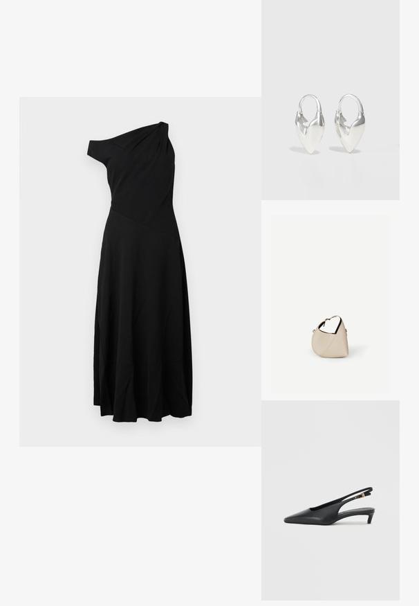 Sort, en-skulder kjole lavet af letvægtsstof. Har en tætsiddende overdel og en udvidet nederdel med blød drapering. Enkel design uden udsmykninger.; Sorte slingback-pumps med spids tå, glat lædertekstur, en lav kitten heel og et bånd med en metalspænde.; Beige læder håndtaske i halvmåneform med en enkelt skulderrem og minimal syning, sat mod en ensartet hvid baggrund.; Otiumberg ROSCIDA HEART HOOPS - Øreringe - silver-coloured