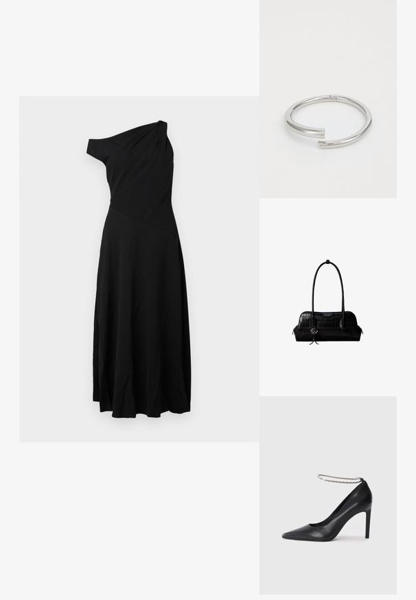 Vestido negro de un solo hombro hecho de tela ligera. Presenta un corsé ajustado y una falda acampanada con suaves pliegues. Diseño sencillo, sin adornos.; Zapato de tacón alto de cuero negro con puntera afilada, que presenta una delgada correa de tobillo de cadena plateada y una textura elegante y suave.; Bolso de hombro negro de cuero con textura de cocodrilo, con correas largas y un pequeño colgante de logo plateado en una correa.; Calvin Klein SPIRAL - Pulsera - silver-coloured