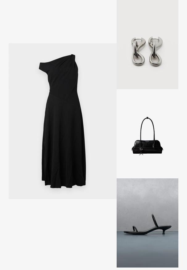 Sort, en-skulder kjole lavet af letvægtsstof. Har en tætsiddende overdel og en udvidet nederdel med blød drapering. Enkel design uden udsmykninger.; Sort Calvin Klein sandal med hæl og tynde stropper, balancerende på træfliser udendørs nær en væg og grønne planter.; Sort skuldertaske i krokodillelæder med lange stropper og lille sølvlogo-charm på den ene strop.; Par af sølvtonede metale øreringe med abstrakt sammenflettet løbedesign på hvid baggrund.