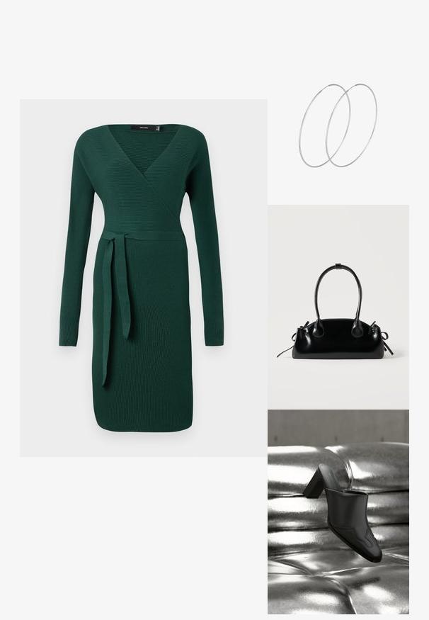 Donkergroen, geribbeld, langof-dress met een v-hals en een strikaccent op de taille. Aangesloten ontwerp met een knie-lange zoom.; Zwarte leren mule met blokhak, rustend op een glanzend zilveren gestoffeerde oppervlakte, die het strakke ontwerp en de afgeronde details benadrukt.; Kleine zwarte glanzende handtas met twee lange hengsels en zijkant trekkoord details op een effen lichte achtergrond.; Zilveren hoepel oorbellen met een minimalistisch ontwerp. Cirkelvormig, gladde textuur en dun profiel. Lichtgewicht met een gepolijste afwerking.