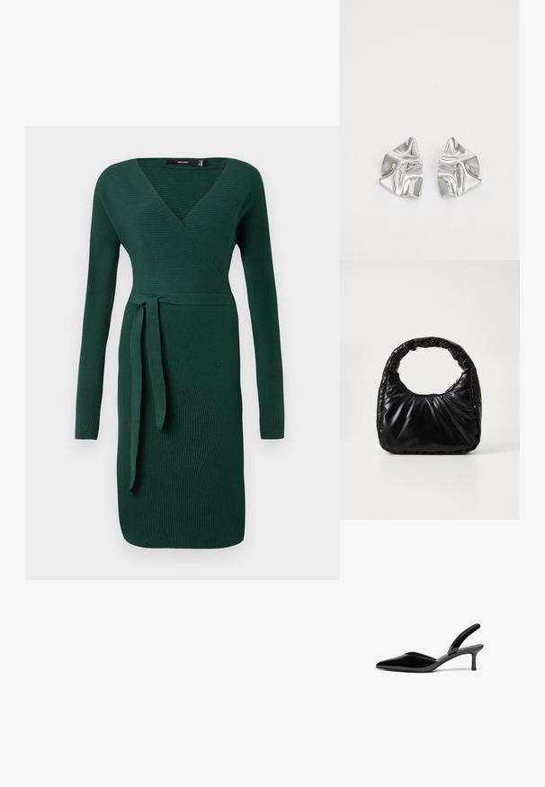 Mørkegrøn, ribbet, langærmet kjole med V-hals og en bånddetalje i taljen. Figursyet design med en knælang slag.; Sorte patentlæder slingback hæle med spids tå, lav stiletto hæl og et elegant, enkelt design uden pynt.; Sort polstret håndtaske med et rundt håndtag, der har en glat, skinnende overflade og en blød, kviltet tekstur. Ingen synlige hardware eller accenter.; Sølvmetal øreringe med et bølgende, skulpturelt design, der har en poleret overflade og uregelmæssige former, hvilket fremhæver en moderne æstetik.
