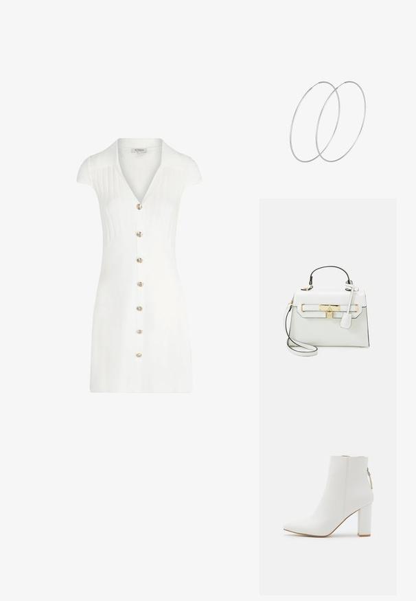 Robe courte blanche avec col, présentant une texture en côtes verticales, des manches courtes et une fermeture à l'avant avec des boutons dorés. Fini en tissu lisse.; RAID NETHRA - Bottines - white; Sac à main blanc avec texture crocodile, quincaillerie dorée, anse supérieure et bandoulière détachable ; présente une fermeture à verrou et un design minimaliste.; Boucles d'oreilles en argent au design minimaliste. Forme circulaire, texture lisse et profil fin. Légères avec une finition polie.