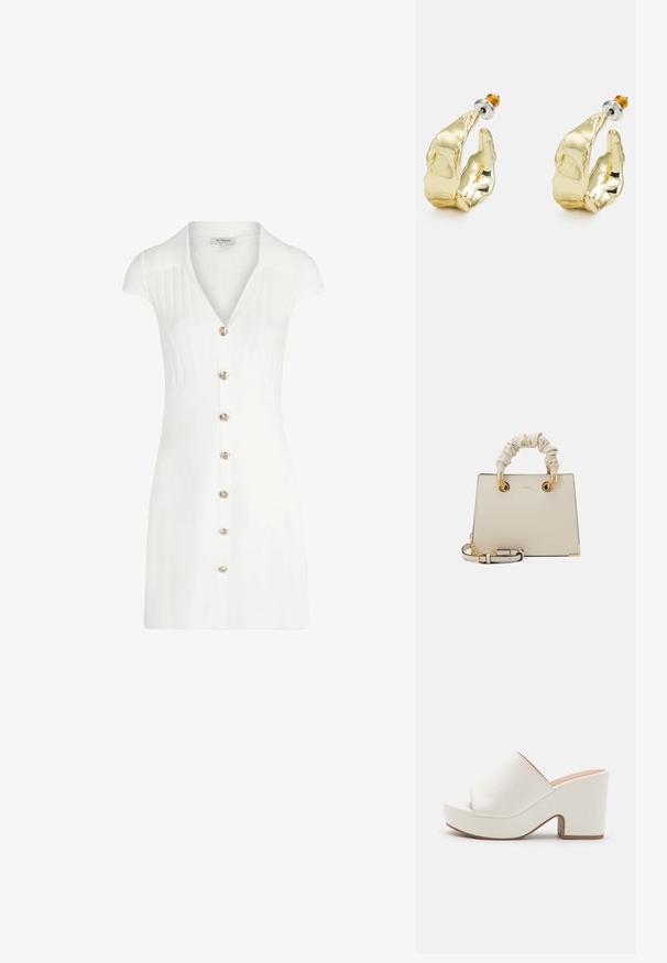 Witte korte jurk met een kraag, met een verticale ribbelstructuur, korte mouwen en een gouden knoopsluiting aan de voorkant. Gladde stofafwerking.; Witte platform mules met een gladde afwerking, open teen ontwerp en een chunky hak. Kenmerkt zich door een subtiele bovennaad en een contrasterende zool.; ALDO BILITHA - Handtas - bone/gold-coloured; Goudkleurige oorbellen in de vorm van abstracte handen, met een glanzend oppervlak, ingewikkelde details en een zilver- en goudkleurige post voor een veilige bevestiging.
