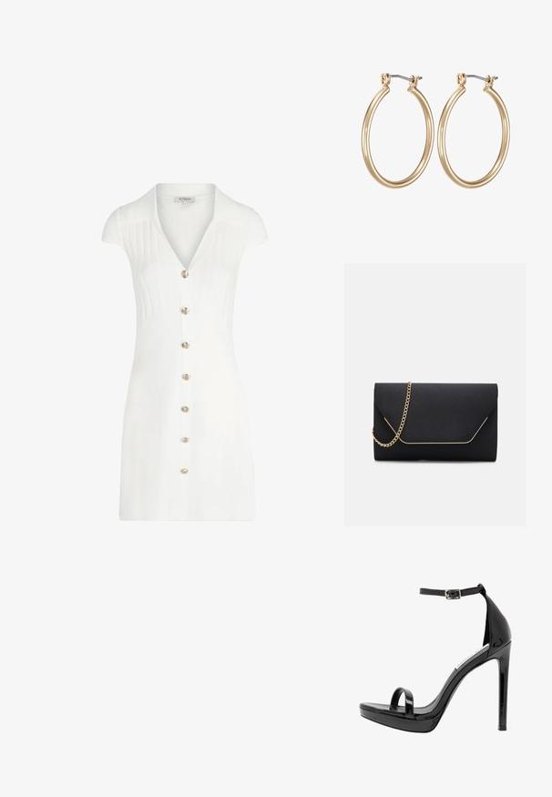 Hvid kort kjole med krave, der har lodret ribbet tekstur, korte ærmer og guldknap lukning foran. Glat stoffinish.; Steve Madden MILANO - Højhælede sandaletter / Højhælede sandaler - black; Sort clutch taske med en glat overflade, prydet med en guldkæde-rem og en geometrisk flaplukning, der er indrammet i guld.; Guldfarvede metal hoops øreringe med et glat, cirkulært design og en sikret hængsel-lukning. Letvægts med en poleret overflade.