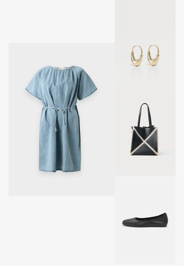 Lichtblauw denim jurk met korte mouwen, geplooide halslijn en een strikriem in de taille. Kenmerkt zich door een ontspannen snit en een knielange zoom.; Zwarte leren ballerina met een ronde neus, gladde textuur, minimale stikdetails en een flexibele zoolontwerp.; Zwarte leren draagtas met crèmekleurige stiksels in een X-patroon. Voorzien van twee zwarte handvatten en een ongestructureerde vorm.; Gouden hoopoorbellen met een gebogen, buisvormige vorm. Glad, glanzend oppervlak met een naadloze scharnierbevestiging. Eenvoudig en elegant ontwerp.