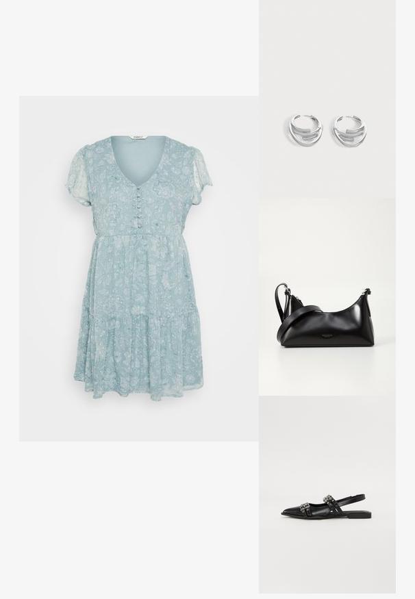 Lyseblå blomsterkjole med korte puffærmer, V-hals, knapdetaljer og en lagdelt nederdel, lavet af et blødt, let materiale.; Even&Odd by Zalando Slingback-ballerinasko - black; Sort læderhåndtaske med en glat tekstur. Har en justerbar stropp og et enkelt, minimalistisk design med lynlås.; Par polerede sølv hoops øreringe med lagdelt, buet stangdesign på en ensartet lys baggrund.