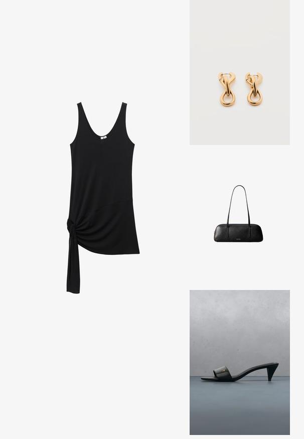 Débardeur noir sans manches avec encolure dégagée et détail nœud en tissu en bas à gauche.; Sandale à talon ouverte en cuir noir avec un logo doré sur la bride, flottant au-dessus d'une surface extérieure carrelée avec de la verdure en arrière-plan.; Sac à main rectangulaire en cuir noir avec de longues lanières fines et un logo doré "Calvin Klein" au centre avant.; Paire de boucles d'oreilles créoles en bouclettes dorées brillantes sur fond blanc uni, présentant un design torsadé entrelacé.