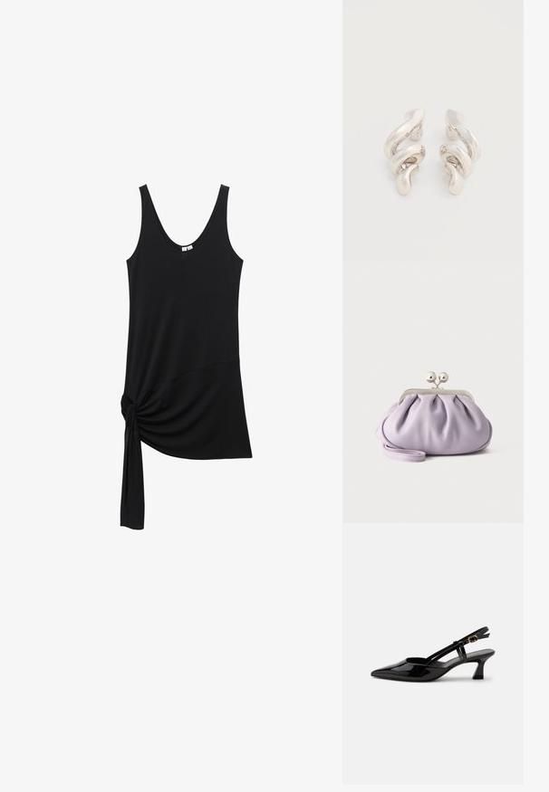 Débardeur noir sans manches avec encolure dégagée et détail nœud en tissu en bas à gauche.; Chaussure slingback en cuir verni noir à petit talon, bout pointu et bride réglable avec boucle dorée sur fond blanc.; Pochette lavande douce avec tissu froncé, fermoir kiss-lock argenté et bracelet assorti sur un fond clair uni.; Boucles d'oreilles clips en métal argenté torsadé avec une finition lisse et brillante, présentant un design moderne et abstrait en spirale.