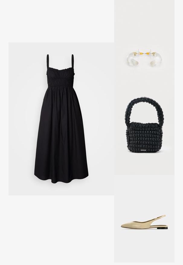 Schwarzes ärmelloses Kleid mit gerafftem Oberteil, elastischem Bund und fließendem Rock. Hergestellt aus leichtem Stoff mit glatter Textur.; Beiger Slingback-Ballerina mit spitzer Kappe, niedrigem schwarzem Absatz und glattem Lederfinish, seitlich auf einfarbigem Hintergrund gezeigt.; Kleine schwarze gesteppte Handtasche mit kurzem, gepolstertem Henkel und "HUGO"-Label auf der Vorderseite, vor einem schlichten hellen Hintergrund präsentiert.; Klare Acryl-Ohrringe in Hoop-Form mit goldenen Akzenten, die ein geschwungenes Design und einen transparenten Verschluss aufweisen. Glatte Textur, minimalistischer Stil.