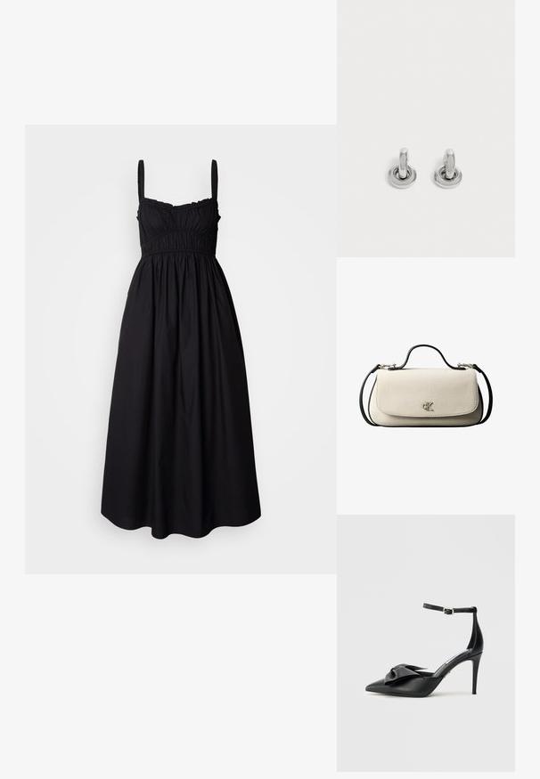 Čierne šaty bez rukávov s naberanou časťou hrudníka, elastickým pásom a splývavou sukňou. Vyrobené z ľahkej tkaniny s hladkou textúrou.; Čierna lodička na vysokom opätku s špičatou špičkou, saténovou mašľou a nastaviteľným remienkom okolo členka so strieborným kovaním. Hladká kožená textura.; Krémová obdĺžniková kabelka s čiernym popruhom a rukoväťou, predným klopovým zapínaním a malým strieborným logom "cK" v strede prednej strany.; Pár malých, lesklých strieborných kruhových náušníc s guľatým základom, vystavených na obyčajnom svetlom pozadí.
