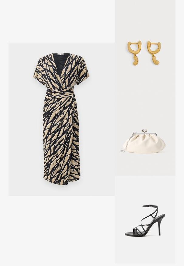 Robe portefeuille beige avec un motif abstrait noir, à manches courtes, décolleté en V et détail de lien sur le côté, fabriquée en tissu léger.; Sandale noire à talons hauts avec des brides fines, une boucle à la cheville, une surface en cuir lisse et un talon aiguille élancé.; Pochette en tissu crème avec un design froncé, cadre en métal argenté, deux boules décoratives, et une bandoulière chaîne argentée.; Paire de petites boucles d'oreilles créoles dorées avec des breloques irrégulières en forme de haricot suspendues à chaque créole sur un fond neutre.