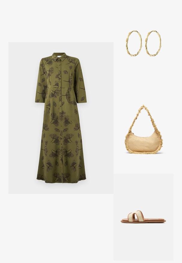 Oliven grøn langærmet maxikjole med sort blomsterprint, knaplukning foran og kraven halslinje.; Flad brun sandal med to vævede beige remme og et åbent tå-design på en ensartet lys baggrund.; Struktureret beige taske med en rund form, frynset kant langs kanterne og en kort rem til at bære. Lynlåsåbning på toppen.; Gold hoop øreringe med et tekstureret, organisk design, der har en let snoet form og uregelmæssige overfladedetaljer.