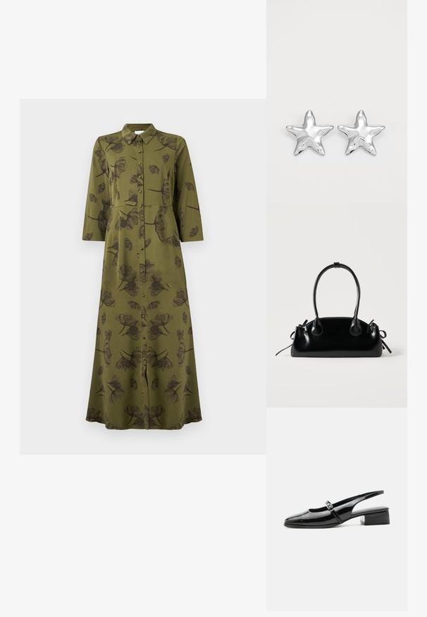 Robe maxi à manches longues vert olive avec imprimé floral noir, devant à boutons et col.; Chaussure slingback en cuir verni noir avec un petit talon bloc et une fine bride avec une boucle argentée sur le dessus.; Petit sac à main noir brillant avec deux longues anses et des détails à cordon sur les côtés sur un fond clair uni.; Boucles d'oreilles argentées en forme d'étoile, avec une surface lisse et brillante. Chaque boucle d'oreille possède cinq pointes et des détails subtils de texture de surface.