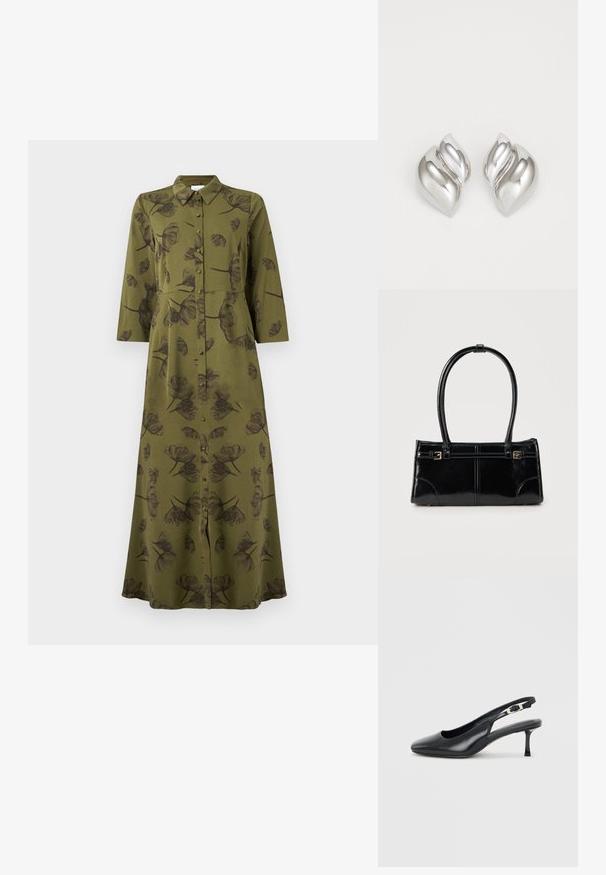 Oliven grøn langærmet maxikjole med sort blomsterprint, knaplukning foran og kraven halslinje.; Sort læder slingback-sko med spids snude, lav, slank kittenhæl og justerbar spænde på en ensfarvet lys baggrund.; Glansfuld sort rektangulær håndtaske med to tynde skulderremme og små guldbeslag foran.; Sølvøreringe med en organisk, abstrakt form. Glat, skinnende overflade med et tilspidset design. Har subtile kurver og en centrallinje detalje.