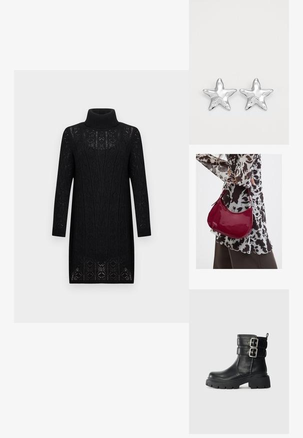 Robe noire en maille à manches longues et col roulé avec un motif dentelle complexe et une coupe droite jusqu'au genou.; Bottine en cuir noire avec semelle épaisse et deux sangles avec boucles en argent sur le côté, isolée sur un fond clair.; Femme portant un chemisier à motif noir et blanc tenant un sac à main rouge brillant sur un fond uni.; Boucles d'oreilles argentées en forme d'étoile, avec une surface lisse et brillante. Chaque boucle d'oreille possède cinq pointes et des détails subtils de texture de surface.