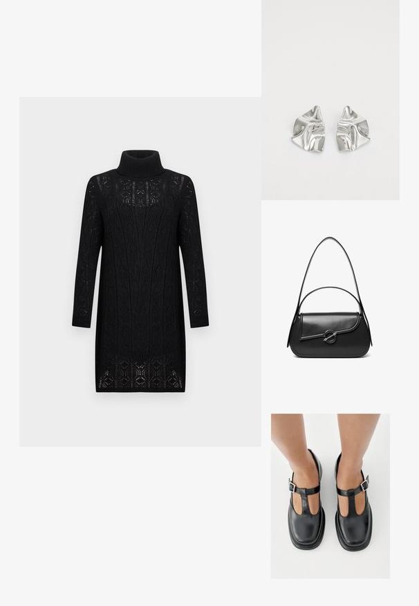 Robe noire en maille à manches longues et col roulé avec un motif dentelle complexe et une coupe droite jusqu'au genou.; Chaussures en cuir noir avec un design à bride en T, bout fermé et accents de boucles argentées. Texture lisse avec un bout arrondi et une semelle plate.; Sac à bandoulière en cuir noir avec un rabat incurvé fermé par un fermoir métallique rond et une sangle fine et ajustable.; Boucles d'oreilles en métal argenté avec un design ondulé et sculptural, présentant une finition polie et des formes irrégulières, mettant en valeur une esthétique contemporaine.