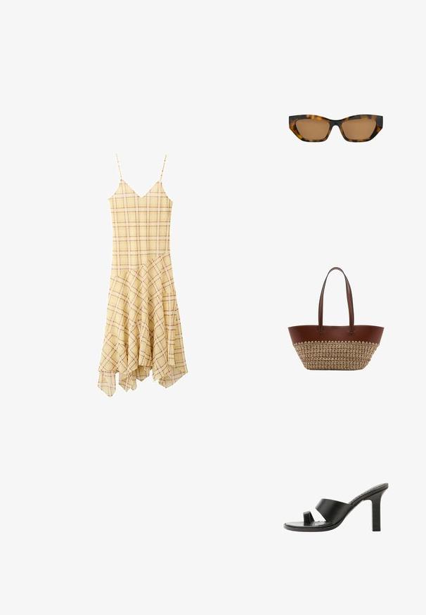 Robe sans manches à carreaux jaunes avec fines bretelles et ourlet asymétrique à volants.; Sandale noire à talon haut avec une large bride sur le pied et une boucle pour l’orteil, vue de côté sur fond blanc.; Lunettes de soleil rectangulaires en écaille avec des verres teintés marron légèrement en forme d'œil de chat et une finition brillante.; Sac cabas en cuir marron et paille tissée avec deux longues poignées et surpiqûres blanches sur la bordure en cuir.