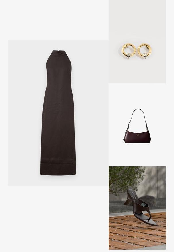 Vestido negro de cuello halter con silueta recta, hecho de una tela suave, que presenta un ligero brillo y un diseño hasta los tobillos.; Sandalia de tiras con tacón marrón de Calvin Klein suspendida sobre suelo exterior de loseta de madera y grava, con fondo desenfocado de vegetación y piedras.; Bolso de mano de cuero burdeos oscuro con una delgada correa negra para el hombro y pequeño logo dorado "cK" en el centro delantero.; Pendientes circulares de oro con dos pequeños anillos de plata en cada uno, que muestran detalles sutiles del nombre de la marca grabado, colocados sobre un fondo blanco.
