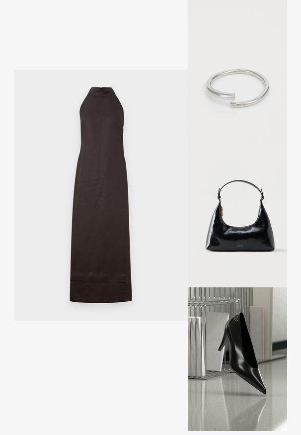 Vestido negro de cuello halter con silueta recta, hecho de una tela suave, que presenta un ligero brillo y un diseño hasta los tobillos.; Zapato de tacón alto negro con punta afilada y logo dorado, colocado sobre una superficie reflectante cerca de un organizador de archivos de alambre cromado con documentos.; Bolso negro brillante de Calvin Klein con cremallera dorada y correa corta sobre un fondo blanco liso.; Calvin Klein SPIRAL - Pulsera - silver-coloured