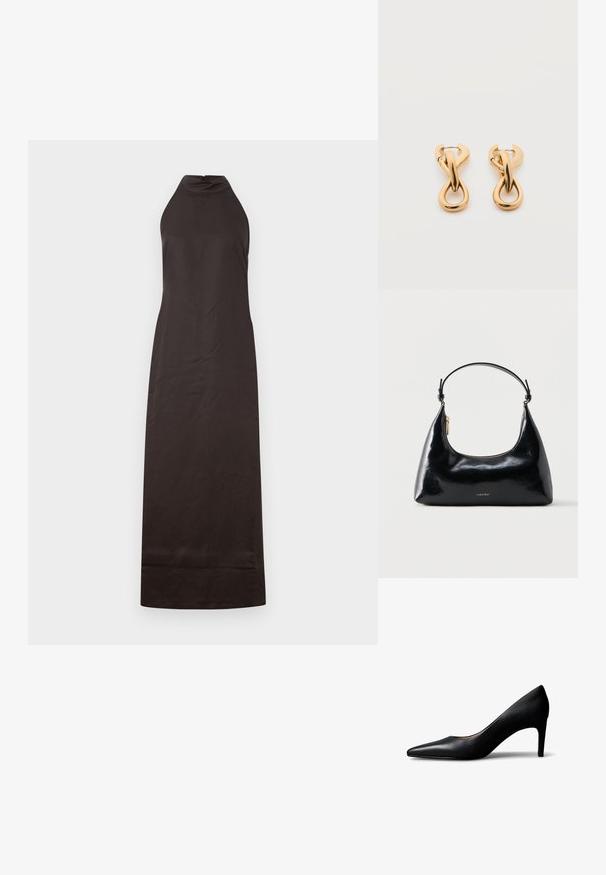 Vestido negro de cuello halter con silueta recta, hecho de una tela suave, que presenta un ligero brillo y un diseño hasta los tobillos.; Zapato de mujer tipo pump de cuero negro con punta afilada y tacón medio, mostrado de lado sobre un fondo blanco.; Bolso negro brillante de Calvin Klein con cremallera dorada y correa corta sobre un fondo blanco liso.; Par de pendientes de aro con acabado dorado brillante sobre fondo blanco liso, con diseño entrelazado y torsionado.