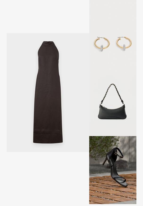 Vestido negro de cuello halter con silueta recta, hecho de una tela suave, que presenta un ligero brillo y un diseño hasta los tobillos.; Sandalia negra de tacón alto con correa en el tobillo, parece suspendida sobre un suelo de baldosas de madera al aire libre, con un fondo difuminado de vegetación y piedra.; Bolso de hombro de cuero negro con forma rectangular curvada, cadena dorada entrelazada en una correa negra trenzada y cierre superior con cremallera.; Par de pendientes de aro en tono dorado con pequeño detalle de aro en tono plateado en cada uno, expuestos sobre un fondo gris claro.