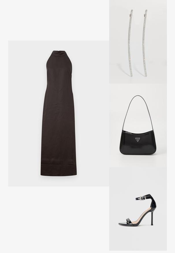 Vestido negro de cuello halter con silueta recta, hecho de una tela suave, que presenta un ligero brillo y un diseño hasta los tobillos.; Sandalia de tacón alto en piel sintética negra con correa en el tobillo. Presenta un diseño minimalista, punta abierta y una hebilla con detalles de pedrería.; Bolso de hombro de charol negro con forma curva, que presenta un logotipo triangular plateado y un cierre de cremallera. Textura suave y correa delgada.; Pendientes alargados en tono plateado con diseño curvado, que presentan una fila de cristales transparentes en los bordes exteriores para un brillo adicional.