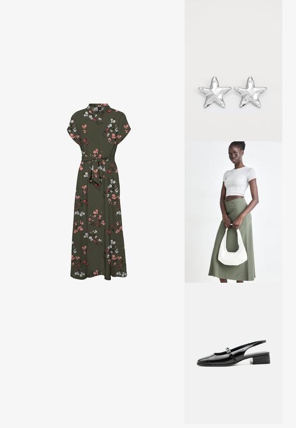 Maxi kjole med blomstermønster i mørkegrøn, der har korte ærmer, krave, en bælte om taljen og en svajende silhuet med pink og hvide accenter.; Sort laklæderslingback-sko med lav blokhæl og tynd rem med sølvspænde over toppen.; Grå ribbet crop top og olivengrøn højhøjdet nederdel. Modellen holder en hvid skuldertaske med udskæringsdetaljer. Enkel design, tætsiddende silhuet.; Sølvstjernede øreringe med en poleret, blank overflade. Hver ørering har fem spidser og subtile teksturdetaljer på overfladen.