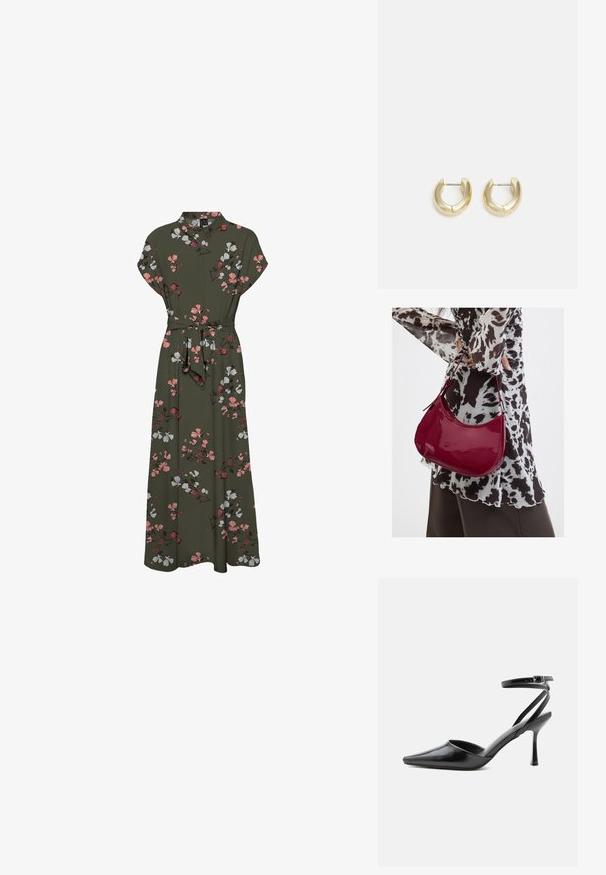 Tumedal floral trükkiga maxi-kleit, millel on lühikesed varrukad, krae, vöökoht ja voogav siluett roosa ja valge aksentidega.; Mustad terava otsaga kõrged kontsakingad peente pahkluu rihmade ja hõbedase pandlaga ühevärvilise heleda taustal.; Naine, kes kannab must-valget mustriga pluusi ja hoiab läikivat punast õlakotti ühevärvilise tausta ees.; Kuldkattega rõngaskõrvarõngad sujuva, poleeritud viimistlusega. Omavad poolringikujulist vormi ja turvalist postikinnitust.