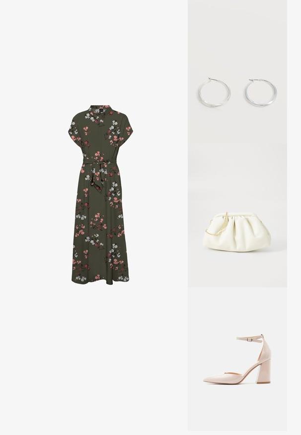 Vestido maxi de estampado floral en verde oscuro, con mangas cortas, cuello, cintura ceñida con cinturón y una silueta fluida con acentos en rosa y blanco.; Zapato de tacón alto de charol beige con punta puntiaguda y correa en el tobillo con una pequeña hebilla, visto de lado.; Bolso de mano de cuero blanco con un diseño recogido, cuenta con una cadena dorada y forma redondeada. Textura suave con pliegues suaves y sin patrones.; Pendientes de aro de metal plateado con superficie lisa y ligeramente curvada y cierre de tipo mosquetón sobre un fondo blanco liso.