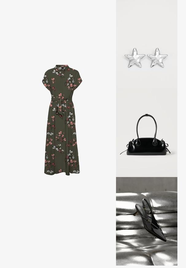 Maxi kjole med blomstermønster i mørkegrøn, der har korte ærmer, krave, en bælte om taljen og en svajende silhuet med pink og hvide accenter.; Sort laklæder spids tå slingback sko med kitten hæl hvilende på en skinnende metallisk sølv tuftet overflade.; Lille sort blank håndtaske med to lange håndtag og snøre-detaljer i siden på en ensfarvet lys baggrund.; Sølvstjernede øreringe med en poleret, blank overflade. Hver ørering har fem spidser og subtile teksturdetaljer på overfladen.