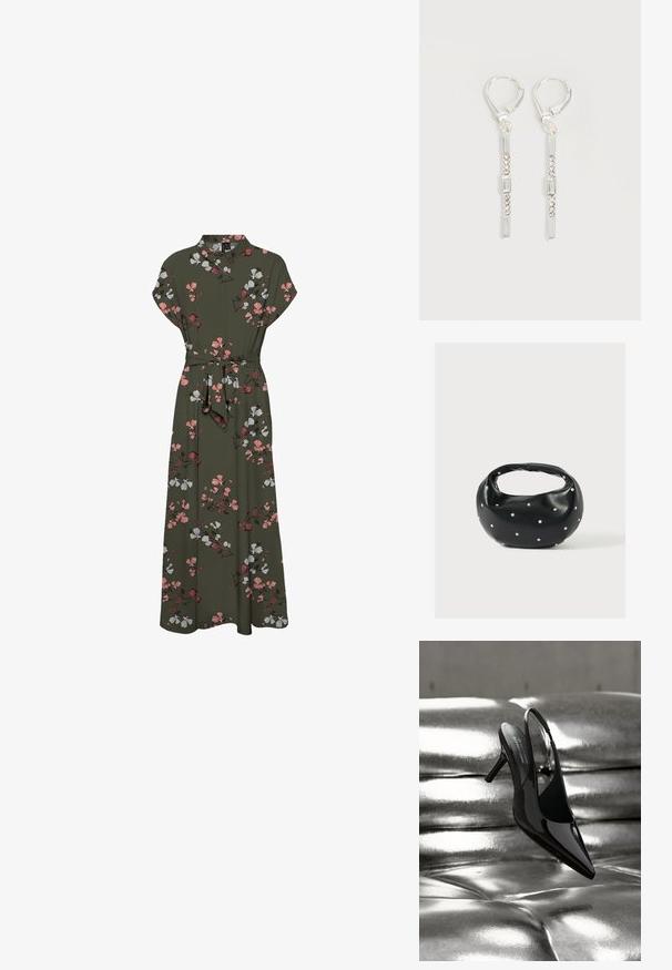 Vestido maxi de estampado floral en verde oscuro, con mangas cortas, cuello, cintura ceñida con cinturón y una silueta fluida con acentos en rosa y blanco.; Zapato de tacón alto con tiras traseras en cuero negro de charol colocado sobre un fondo de cojín de cuero plateado metálico brillante.; Bolso de mano de cuero negro con forma redondeada, decorado con detalles de tachuelas plateadas y un asa corta. Textura lisa y cierre con cremallera.; Pendientes colgantes de plata con cristales transparentes rectangulares y redondos en una línea vertical, asegurados con cierres tipo leverback.