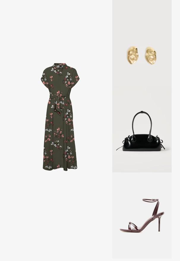 Tumedal floral trükkiga maxi-kleit, millel on lühikesed varrukad, krae, vöökoht ja voogav siluett roosa ja valge aksentidega.; Veenpunast lakknahast kõrge kontsaga sandaal õhukese pahkluu rihma ja risti oleva varba rihmadega valgel taustal.; Väike must läikiv käekott kahe pika sangaga ja külgedel paelakinnitustega, ühel lihtsal helel taustal.; Paari läikivaid, ebakorrapärase kujuga kuldse metalliga kõrvarõngaid kortsus, sileda pinnaga tavalise heleda taustal.