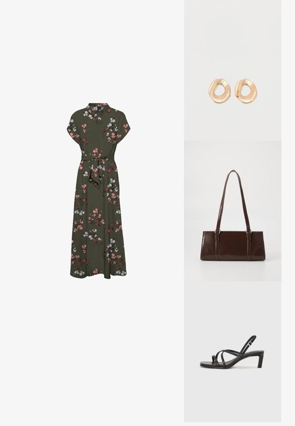 Maxi jurk met bloemenprint in donkergroen, met korte mouwen, een kraag, een ceintuur in de taille en een vloeiende silhouette met roze en witte accenten.; Zwarte sandaal met bandjes, vierkante teen en een lage blokhak. Voorzien van meerdere dunne bandjes en een verstelbare enkelband. Gemaakt van zacht leer.; Bruine lakleren handtas met een rechthoekige vorm, twee lange handvatten en subtiele gebogen accenten aan de voorkant.; Set van onregelmatig gevormde, gepolijste hoepel oorbellen van goudkleurig metaal met een open midden op een effen witte achtergrond.