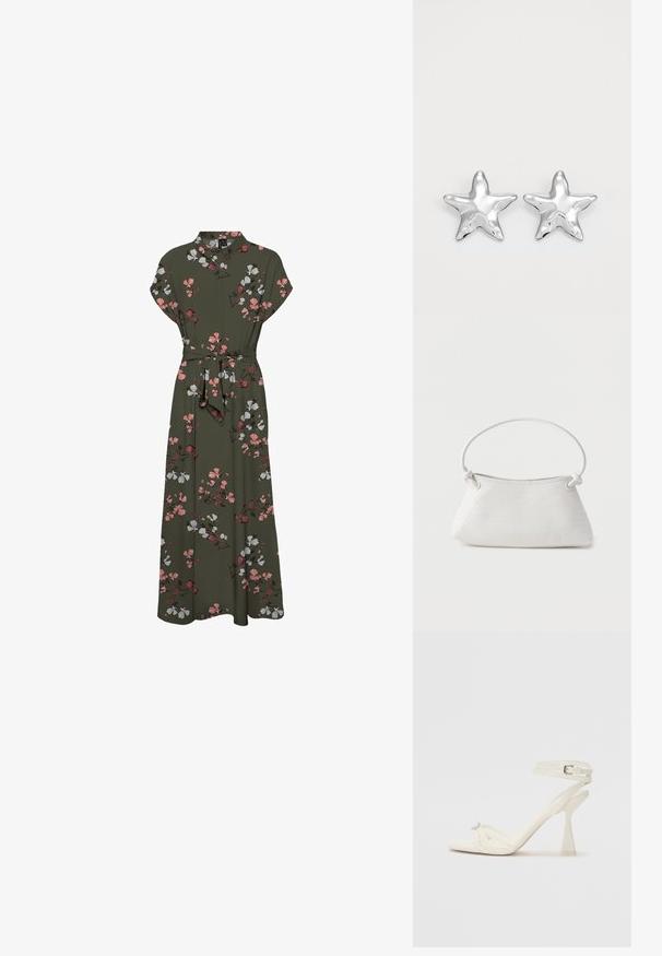 Maxi kjole med blomstermønster i mørkegrøn, der har korte ærmer, krave, en bælte om taljen og en svajende silhuet med pink og hvide accenter.; Sandal med høj hæl i hvid læder med et elegant design, en transparent blokhæl og et dekorativt element ved tåen.; Hvid fletlæderhåndtaske med afrundet håndtag og ender på remmen, der er knyttet, vist mod en ensfarvet baggrund.; Sølvstjernede øreringe med en poleret, blank overflade. Hver ørering har fem spidser og subtile teksturdetaljer på overfladen.
