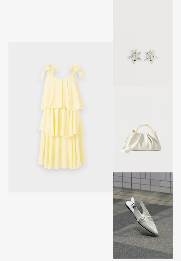 Geel gelaagd jurk van lichtgewicht stof, met verstelbare strikbanden en een vloeiende, gelaagde design met een zachte, gedrapeerde textuur.; Witte puntige slingback platte schoen met twee zilveren gespen, getoond buiten op een getextureerde ondergrond en betegelde muur als achtergrond.; Kleine witte handtas met een gerimpeld lichaam, ronde handgreep versierd met parels en een afneembare schouderriem tegen een effen achtergrond.; Zilverkleurige stervormige oorringen met een gladde, gepolijste afwerking op een effen witte achtergrond.