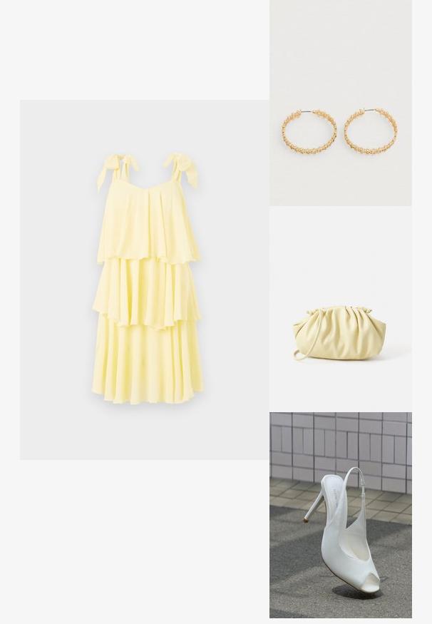 Geel gelaagd jurk van lichtgewicht stof, met verstelbare strikbanden en een vloeiende, gelaagde design met een zachte, gedrapeerde textuur.; Witte hoge hak slingback schoen met open teen op het trottoir voor een betegelde muur, met een schaduw op de grond.; Geel geplooide handtas van soepel nepleer, met een zachte vorm, een enkele schouderriem en een verzameld ontwerp aan de bovenkant.; Gouden oorringen met een textuurontwerp en kleine, ronde kraaltjes langs de buitenrand. Lichtgewicht met een veilige sluiting.