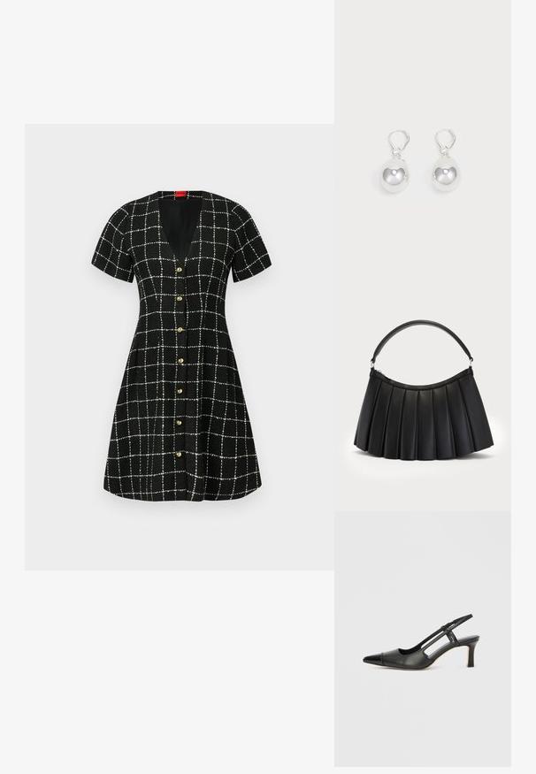 Robe noire à manches courtes, décolleté en V et boutons sur le devant. Présente un motif à carreaux blancs et une jupe évasée. Tissu texturé.; Chaussure à bride arrière en cuir noir avec bout pointu, dotée d'un accent brillant sur le bout et d'un talon de hauteur moyenne. Design latéral ouvert.; Sac noir plissé en simili cuir, avec une anse incurvée et une fermeture éclair sur le dessus. Texture lisse avec un design structuré.; Boucles d'oreilles en argent en forme de goutte avec des surfaces lisses, rondes et réfléchissantes, suspendues à des fermoirs à ressort. L'arrière-plan est blanc uni.